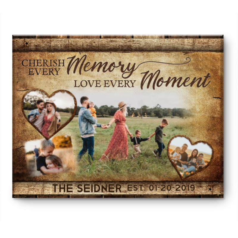 Family Photos Canvas Gift, Personalized Family Name Print, Cherish Every Memory And Love Every Moment Wall Art, Family Wall Decor