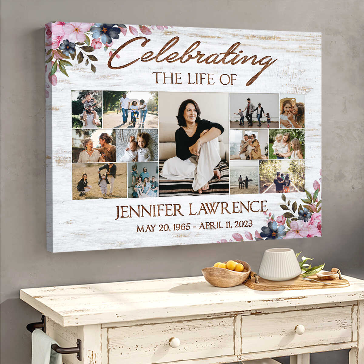 Personalised Memorial Funeral Photo Poster – In Loving Memory Sign, Multicoloured Flowers