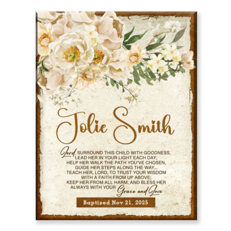 Floral Baptism Prayer Canvas – Personalized Name & Date | Custom Baptism Gift for Girl, Christening Wall Art, Baby Dedication Keepsake