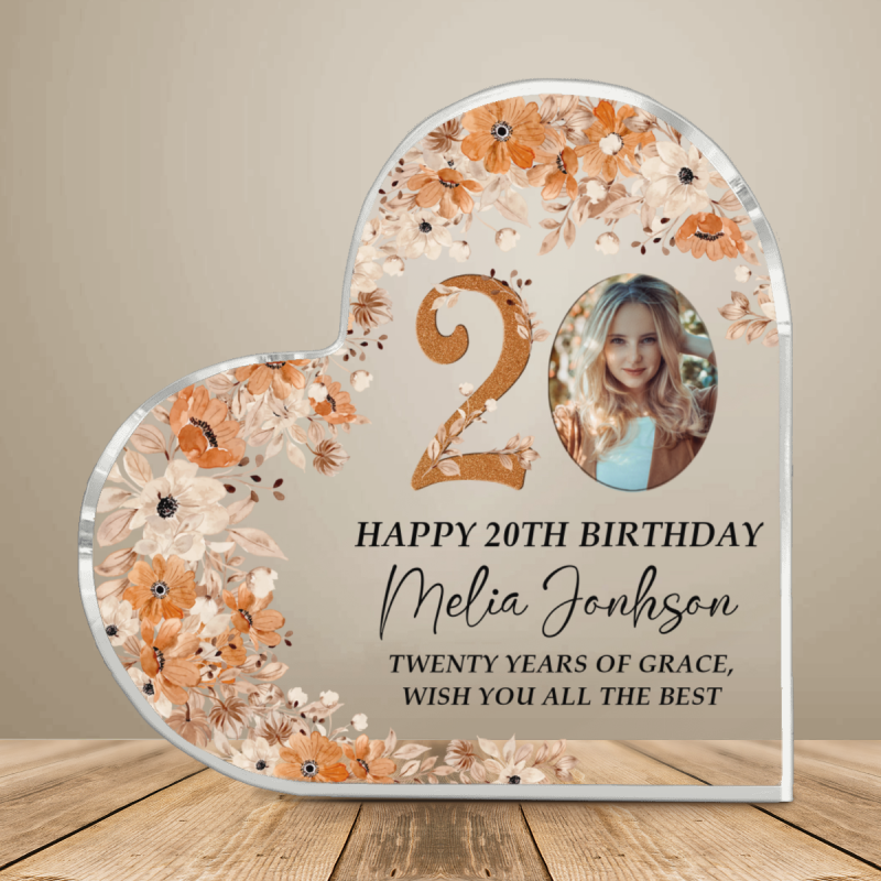 Personalized 20th Birthday Heart Acrylic, Happy 20th Birthday Gift For Daughter, Birthday Photo Plaque, 20th Birthday Gift For Her