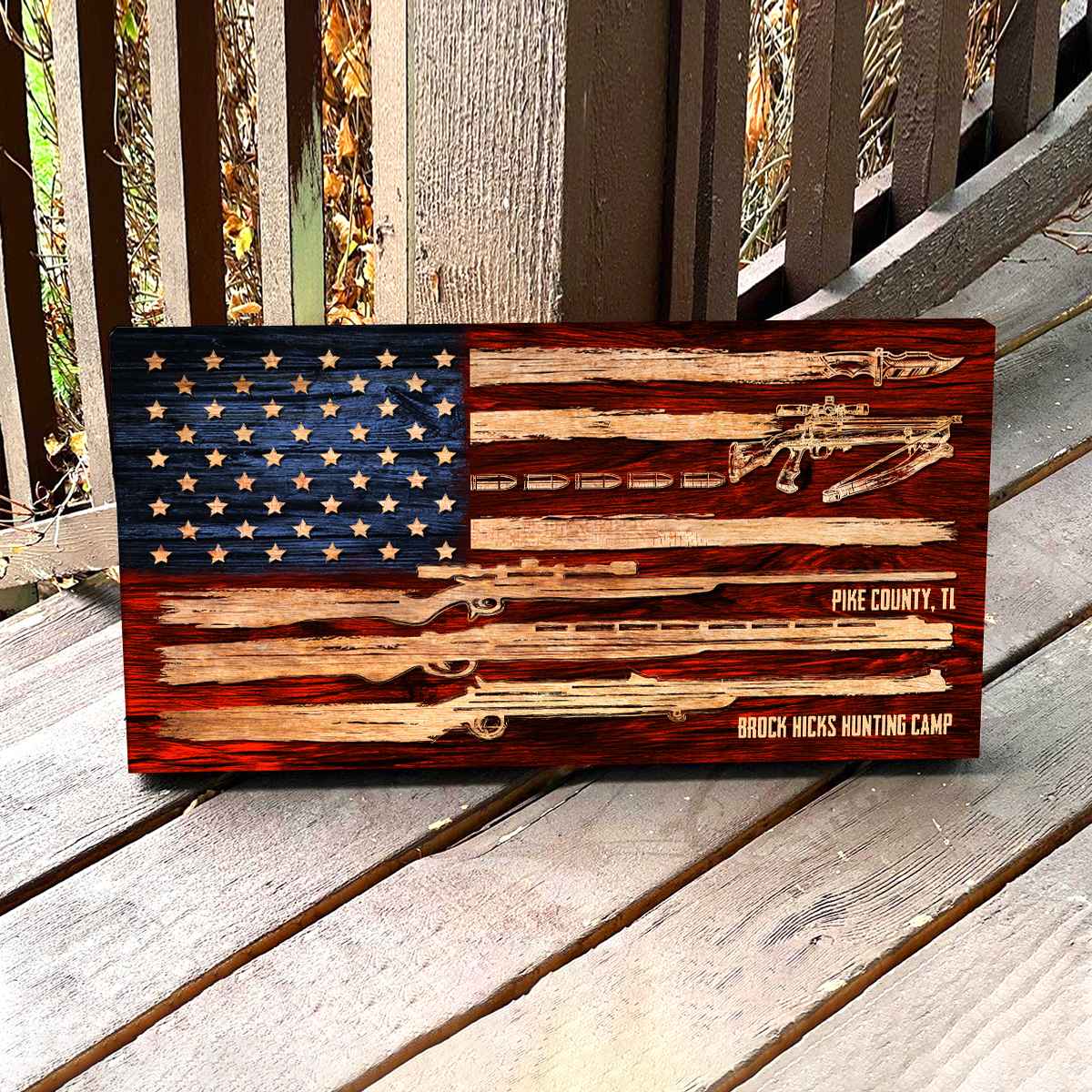 Personalized Hunting Gift For Men, Hunting Camp Sign, Custom American Flag Art For Hunter, Father's Day Present, Deer Hunting Lodge Sign