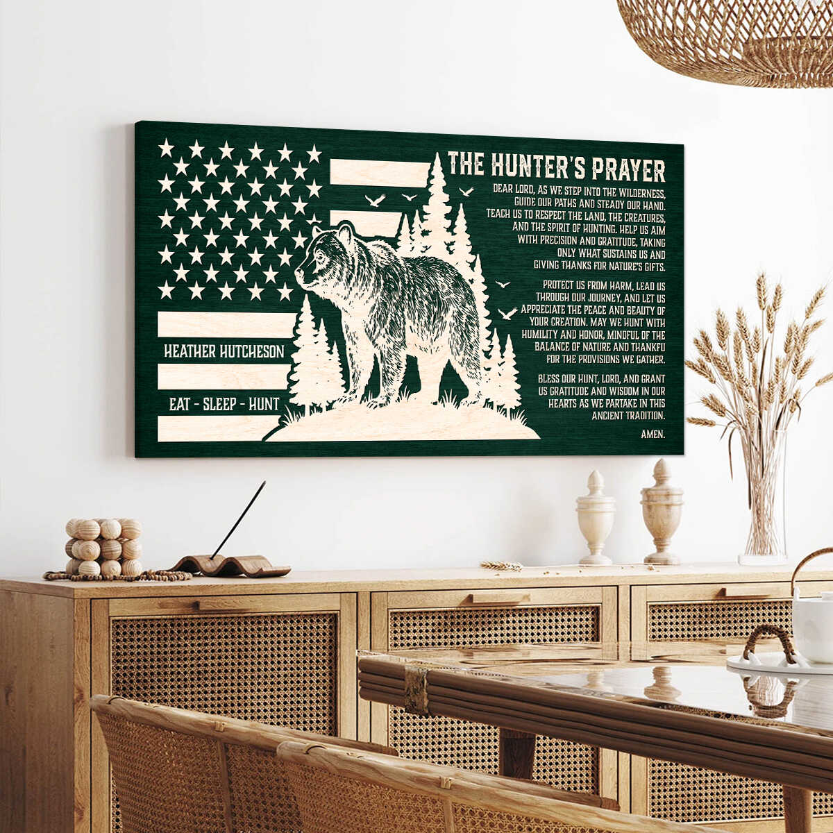 Bear Hunters Prayer American Flag Sign, Bear Flag Canvas Wall Art, Bear Hunting Gift, Hunter’s Prayer Canvas, Gift For Dad, Cabin Sign