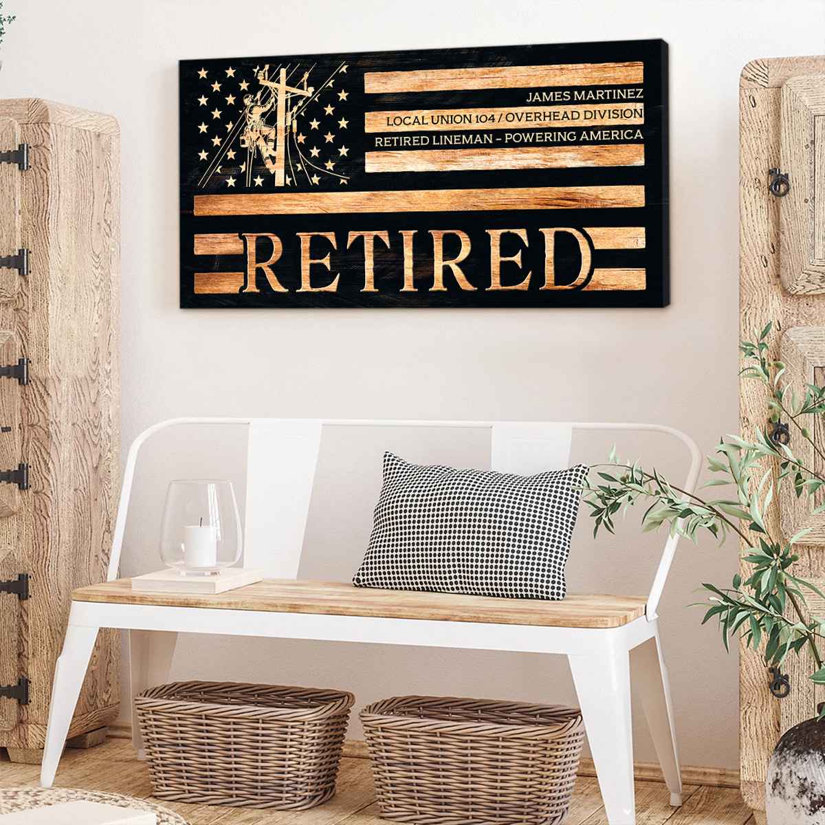 Retirement Gift for Power Lineman, Lineman Gift, Power Lineman Journeyman Transmission Gift, Personalized Lineman Flag Wall Decor