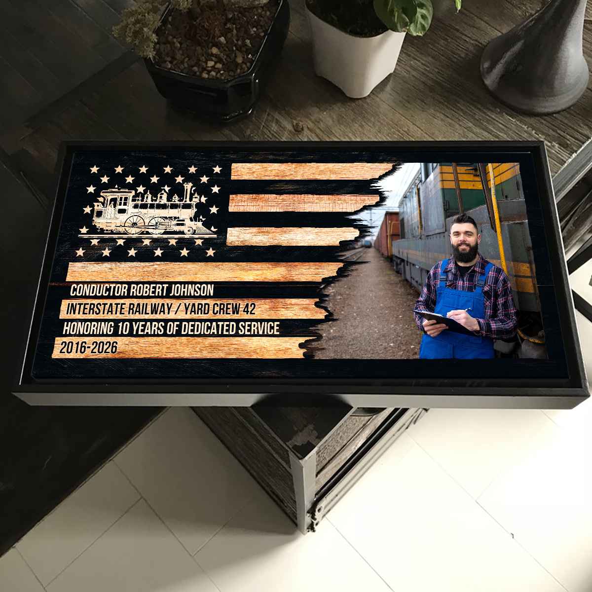 Train Engineer Retirement Canvas Print, Custom Train Driver Photo Gift, Custom Father's Day Gift, Railroad Wall Decor, Railroad American Flag
