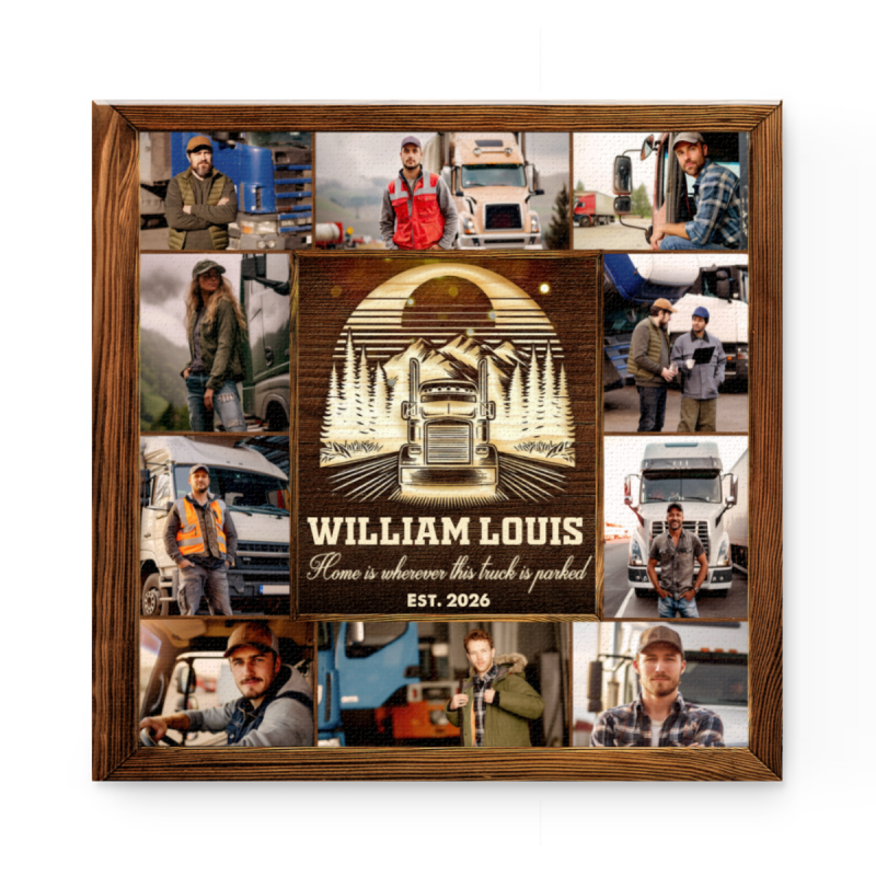 Personalized Trucker Photo Collage Canvas, Trucker Gift, Trucker Dad Gift, Truck & Highway Decor, Trucker Father’s Day Gift, Gift For Truck Driver