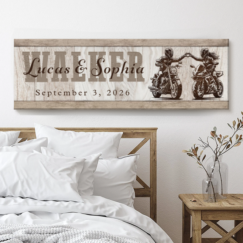 Biker Couple Name Wall Art, Personalized Motorcycle Couple Wedding, Established Family Canvas, Unique Newlywed Keepsake Gift
