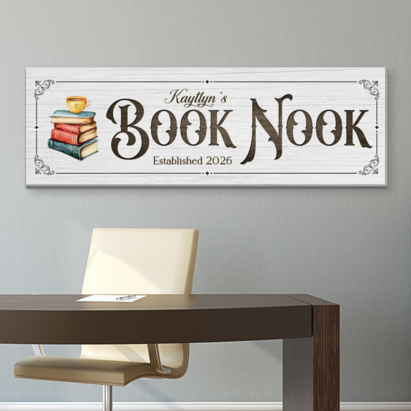 Personalized Book Nook Sign, Farmhouse Library Decor, Custom Home Library Canvas, Birthday Reading Book Sign
