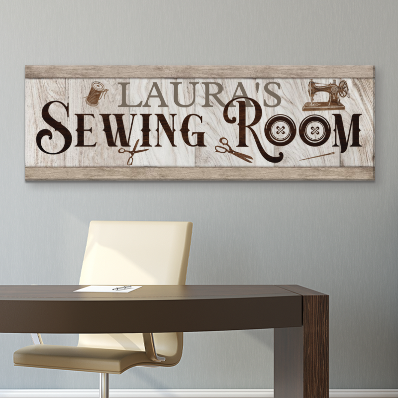 Sewing Room Canvas Wall Sign, Personalized Name Art Print, Gift For Sewing Enthusiast, Farmhouse Gift, Sewing Gift
