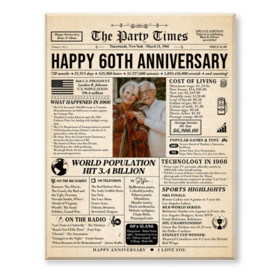Personalized 60th Anniversary Newspaper Canvas, 1966 Highlights and News, Custom 60 Years Together Newspaper Print, Anniversary Gift For Parents