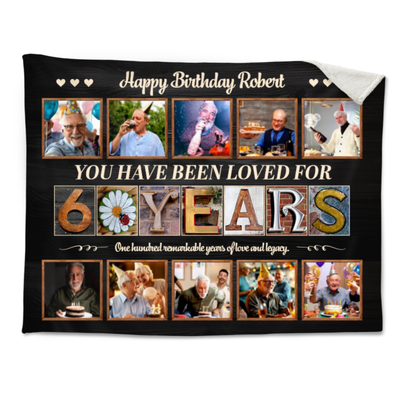 60 Years Birthday Blanket, Custom 60th Birthday Photo Collage, 60 Years Loved Blanket, Unique 60 Years Old Gift Idea