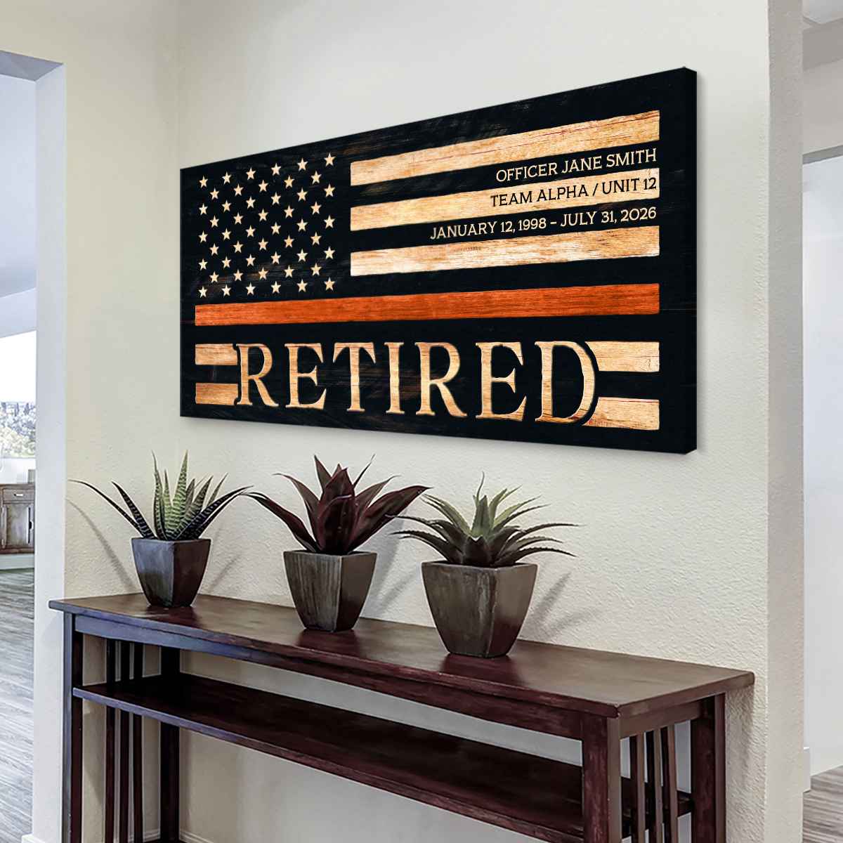 Personalized Retired Search and Rescue Canvas, Thin Orange Line American Flag, Search And Rescue Retirement Gift, Retirement Gift Ideas