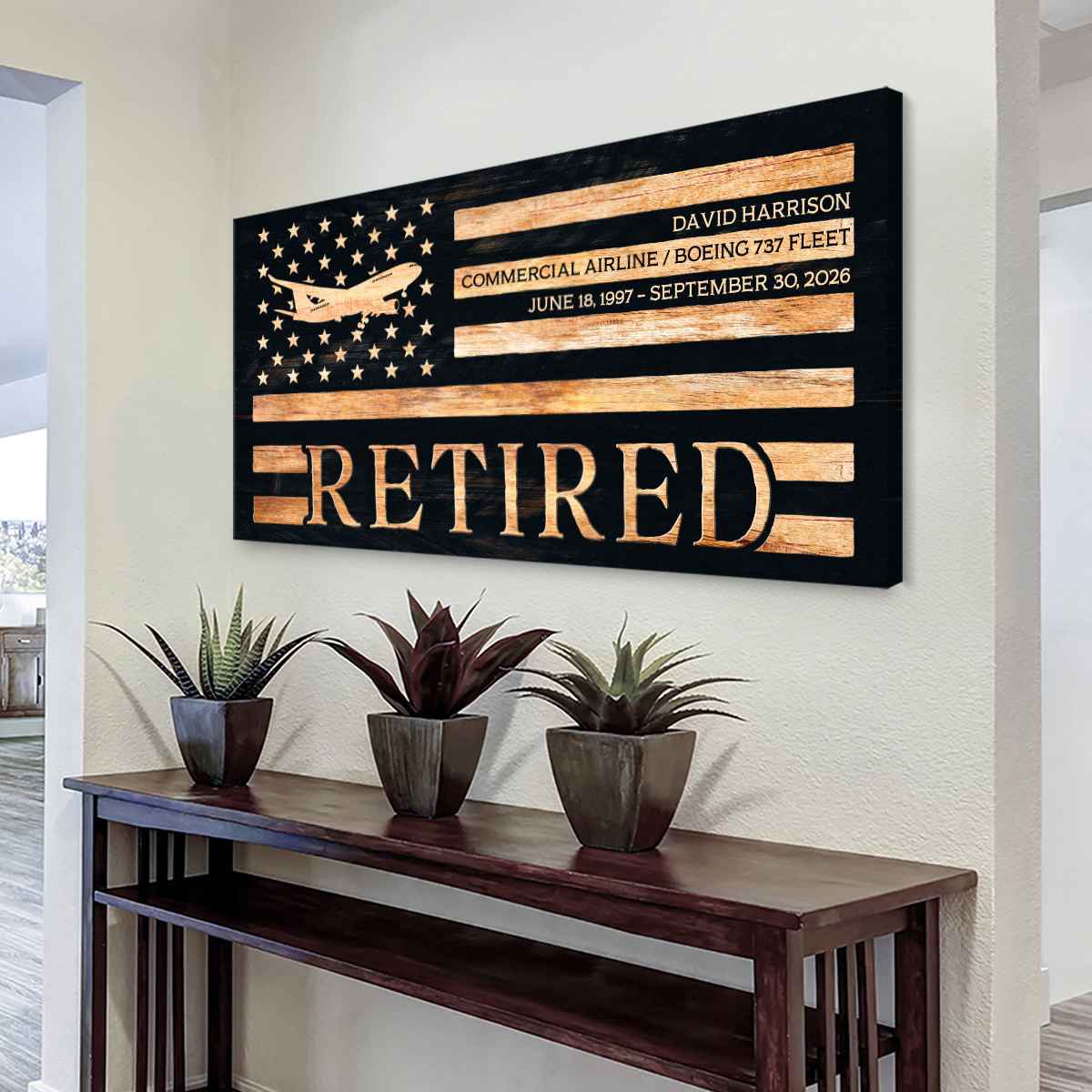 Personalized Pilot Retirement Gift, Custom Airline Captain American Flag Canvas, Aviation Service Recognition Wall Art