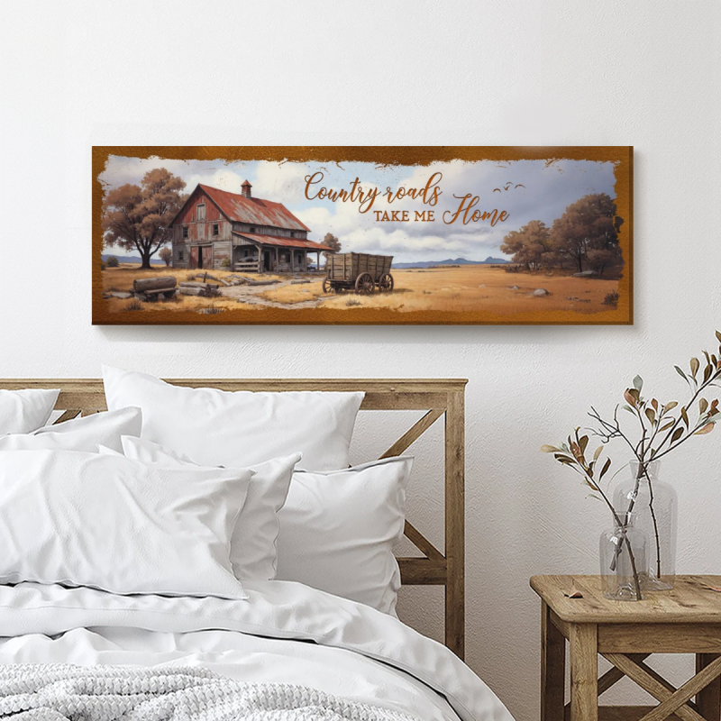 Country Roads Take Me Home Sign, Rustic Home Sweet Home Wall Art, Vintage Farmhouse Decor, Seasonal Decoration Canvas
