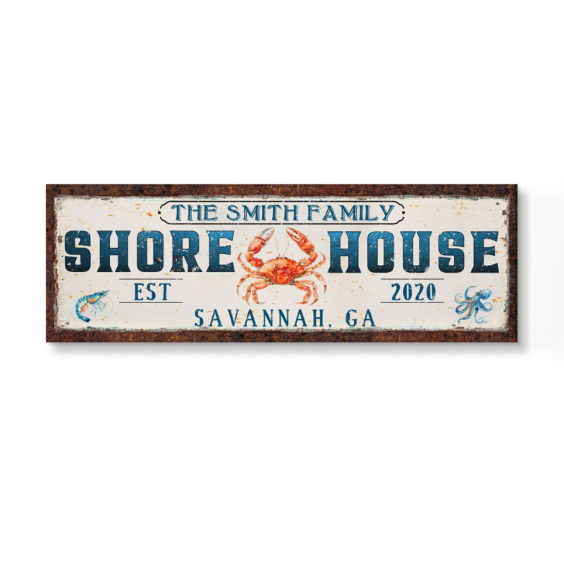 Custom Shore House Sign, Personalized Canvas Sign with Red Crab , Gift for New Home, HouseWarming Gift