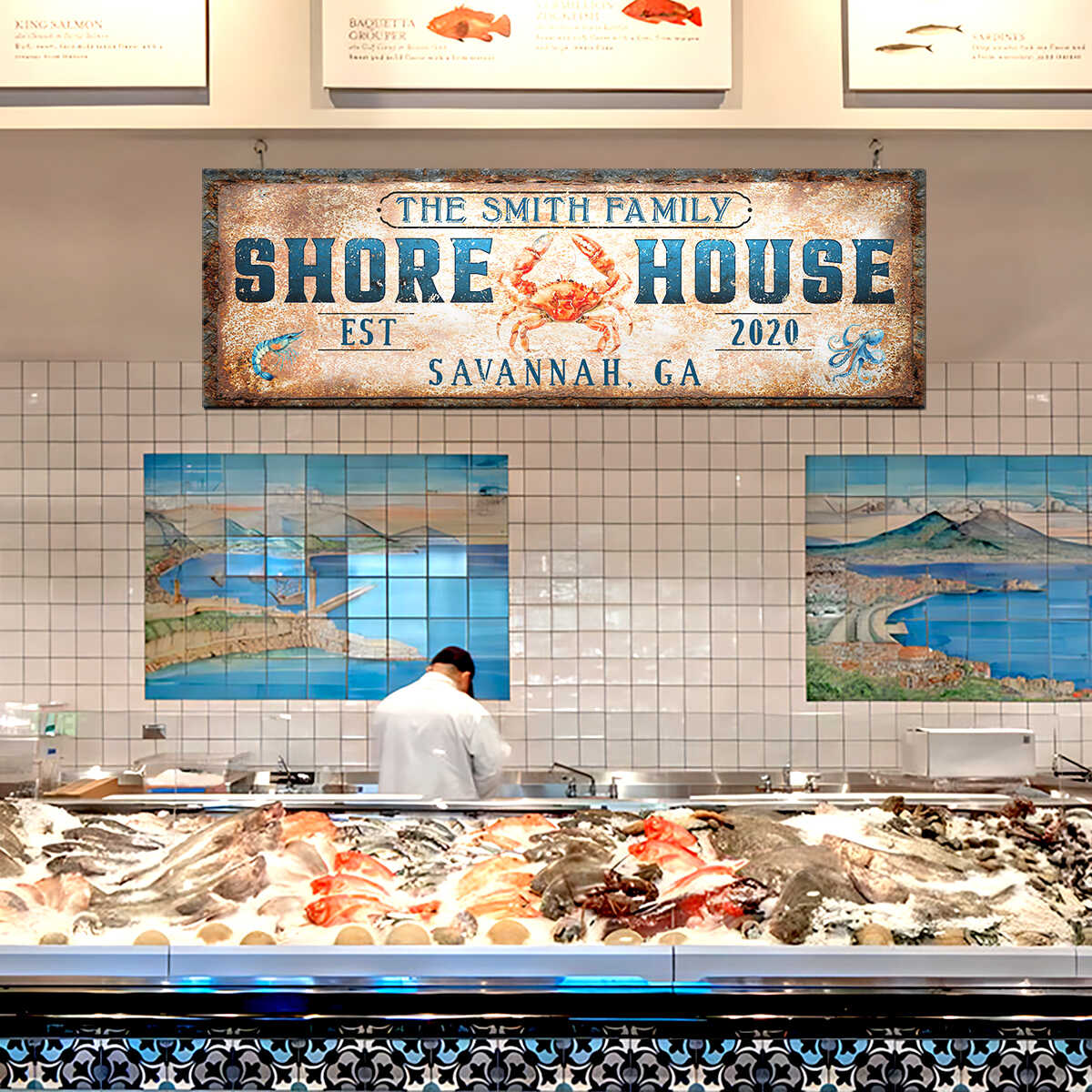 Custom Shore House Sign, Personalized Canvas Sign with Red Crab , Gift for New Home, HouseWarming Gift