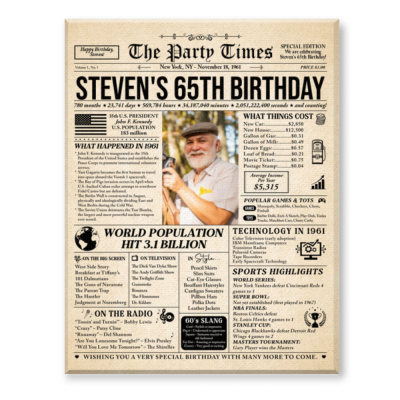 65th Birthday Newspaper Canvas, Born In 1961, 65th Birthday Gift for Grandpa, 65th Birthday Personalized Gift, Unique Milestone Gift