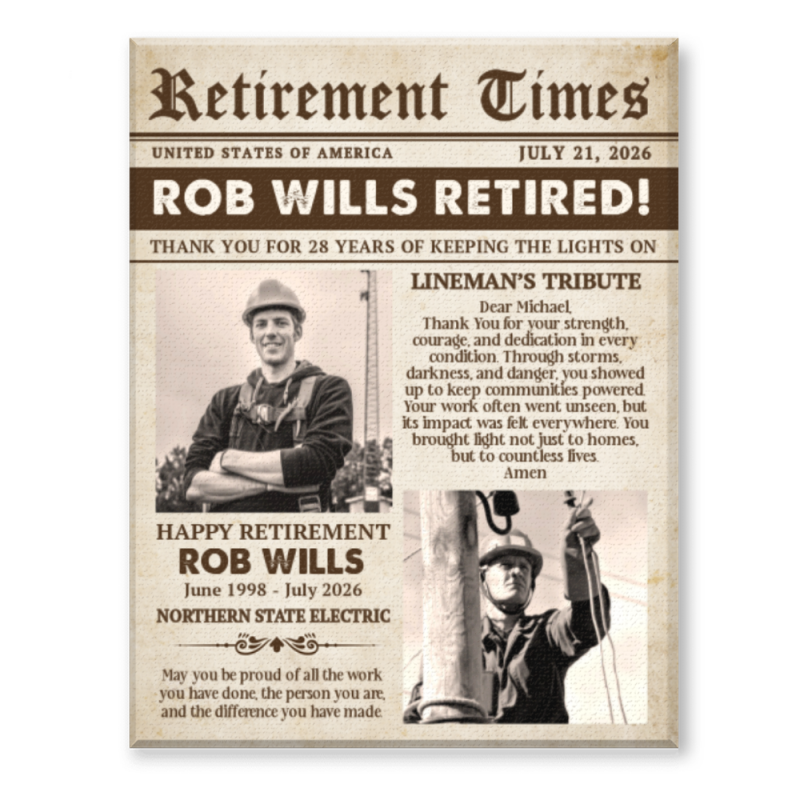 Custom Lineman Retirement Newspaper Canvas, Lineworker Gift, Lineman Retirement Gift For Dad, Retirement Gift For Coworker