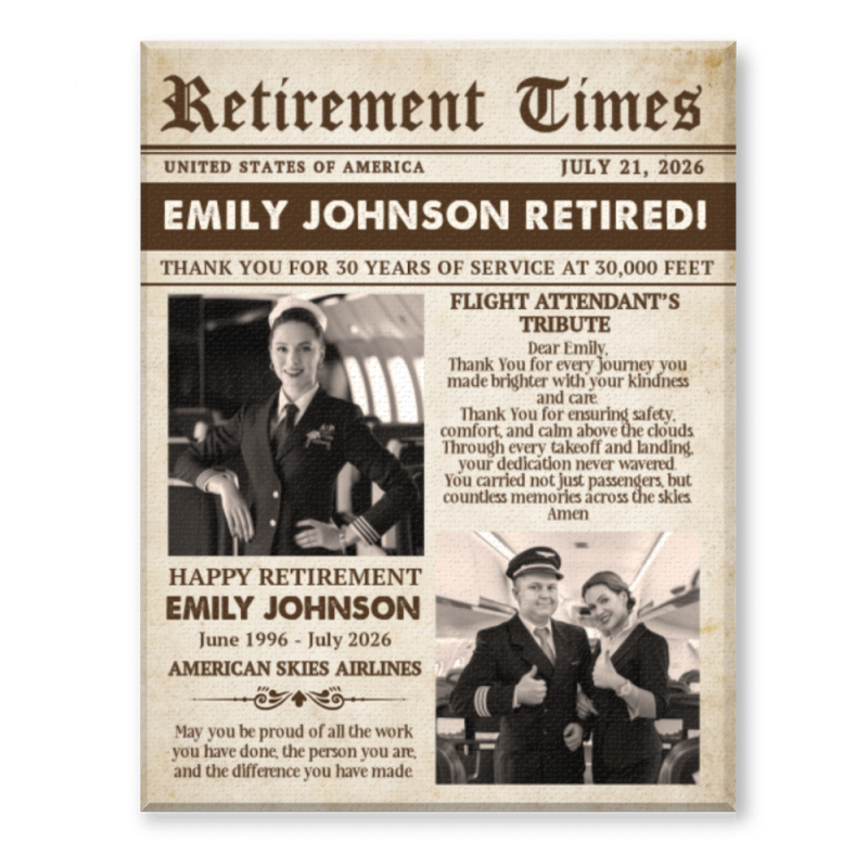 Flight Attendant Gift for Sister, Flight Attendant Appreciation Gift, Flight Attendant Newspaper Canvas, Cabin Crew Retirement Gift