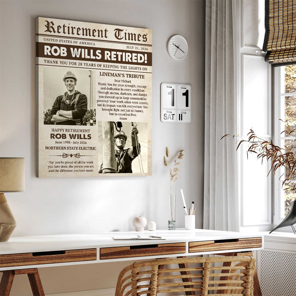 Custom Lineman Retirement Newspaper Canvas, Lineworker Gift, Lineman Retirement Gift For Dad, Retirement Gift For Coworker