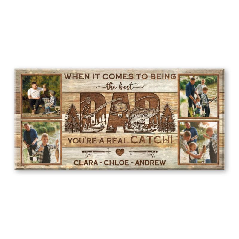 Gift for Fisherman Dad, Personalized Fishing Gift for Dad, Fishing Dad Photo Collage Canvas, You're A Real Catch Gift Custom Canvas, Real Catch Fishing Wall Art Decor