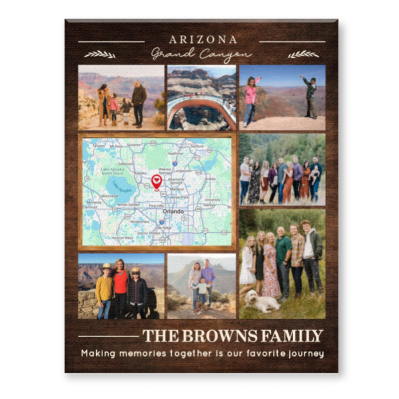 Family Vacation Photo Collage Canvas, Custom Travel Memory Map Gift, Personalized Road Trip Wall Art, Custom Vacation Map with Photos