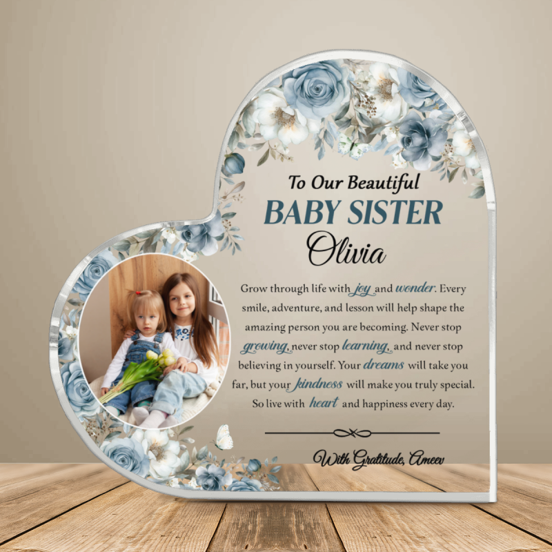 Personalized Baby Sister Heart Acrylic, Custom Little Sister Photo Plaque, Sister Keepsake Gift, Baby Sister Gift From Family, Nursery Room Decor, Gift For Her