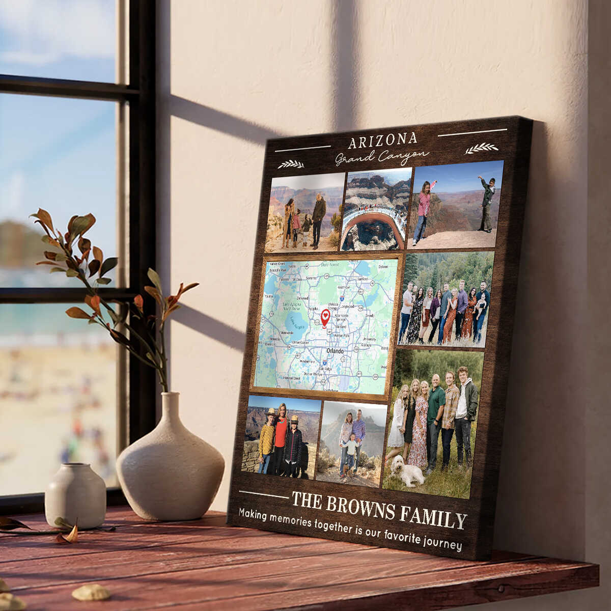 Family Vacation Photo Collage Canvas, Custom Travel Memory Map Gift, Personalized Road Trip Wall Art, Custom Vacation Map with Photos