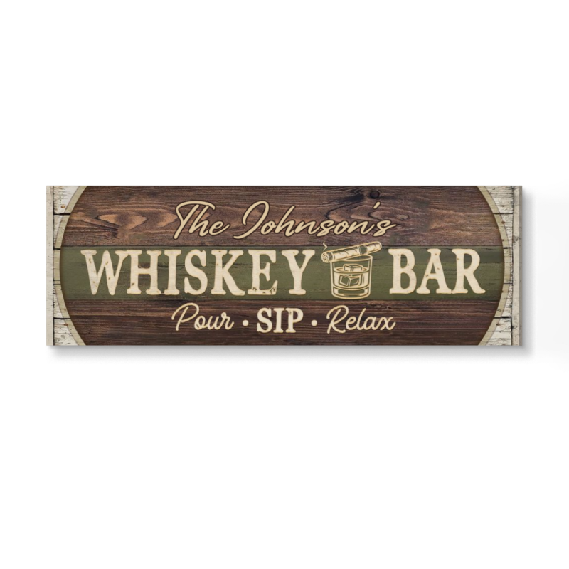 Personalized Whiskey Bar Sign Custom Canvas Print, Personalized Bar Decor, Custom Family Name Whiskey & Cigar Bar Canvas, Vintage Style Personalized Whiskey Bar Panoramic Canvas
