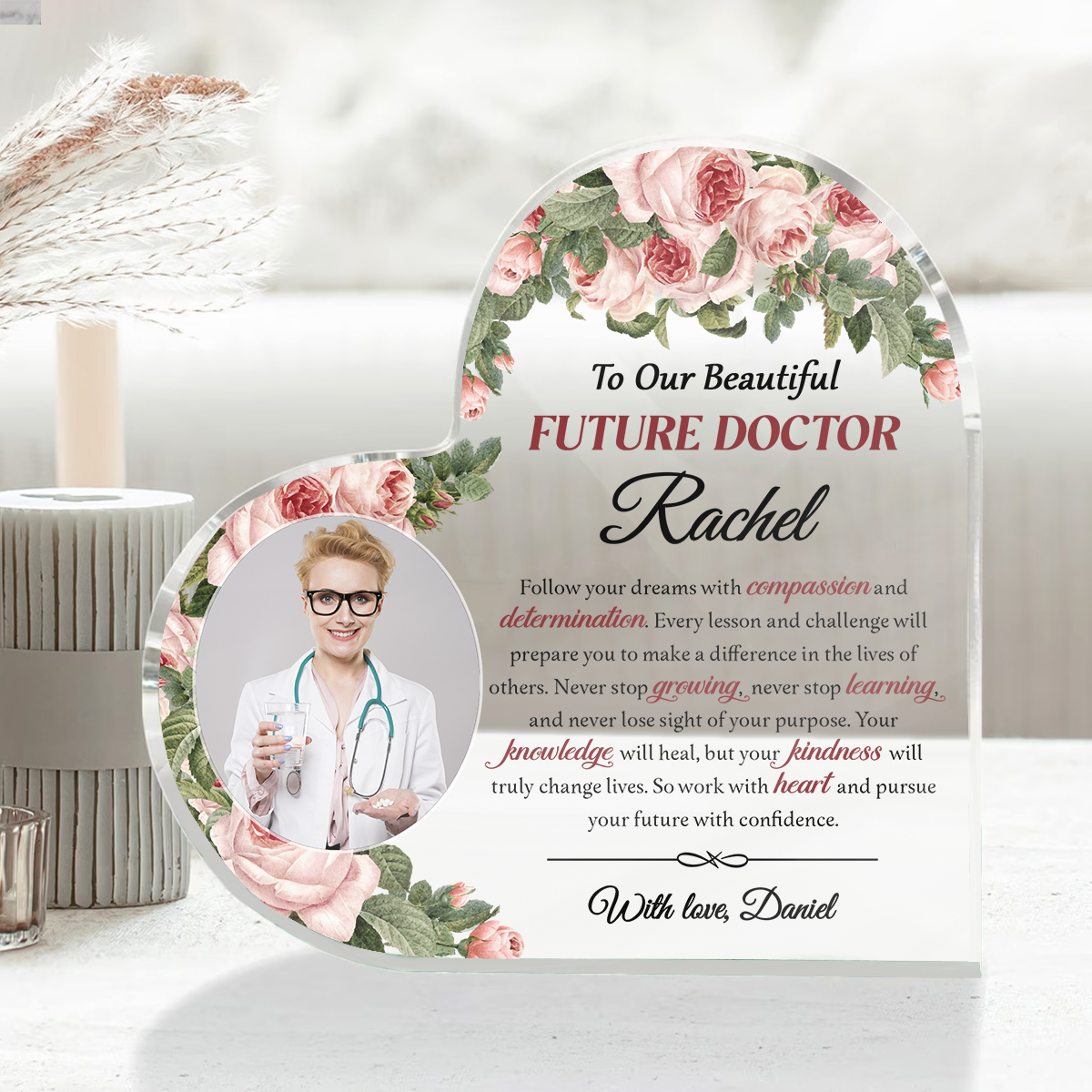 Personalized Future Doctor Heart Acrylic, Custom Medical Student Photo Plaque, Doctor Keepsake Gift, Future Doctor Gift For Daughter, Medical School Decor