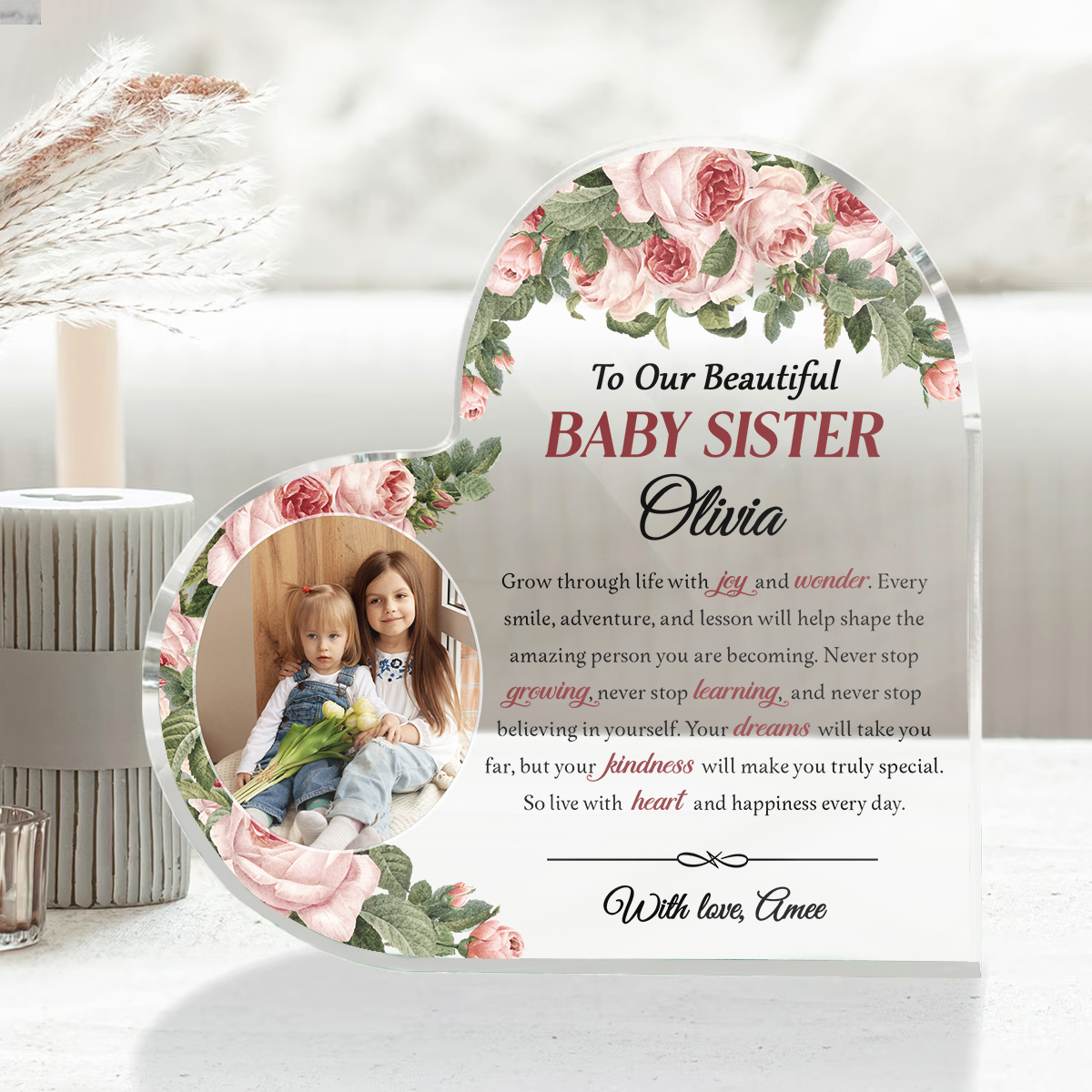 Personalized Baby Sister Heart Acrylic, Custom Little Sister Photo Plaque, Sister Keepsake Gift, Baby Sister Gift From Family, Nursery Room Decor, Gift For Her