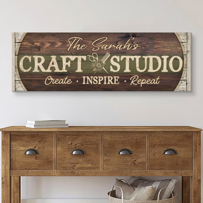 Personalized Craft Studio Canvas Sign, Vintage Craft Studio Decor, Rustic Name Craft Studio Sign, Craft Room Sign