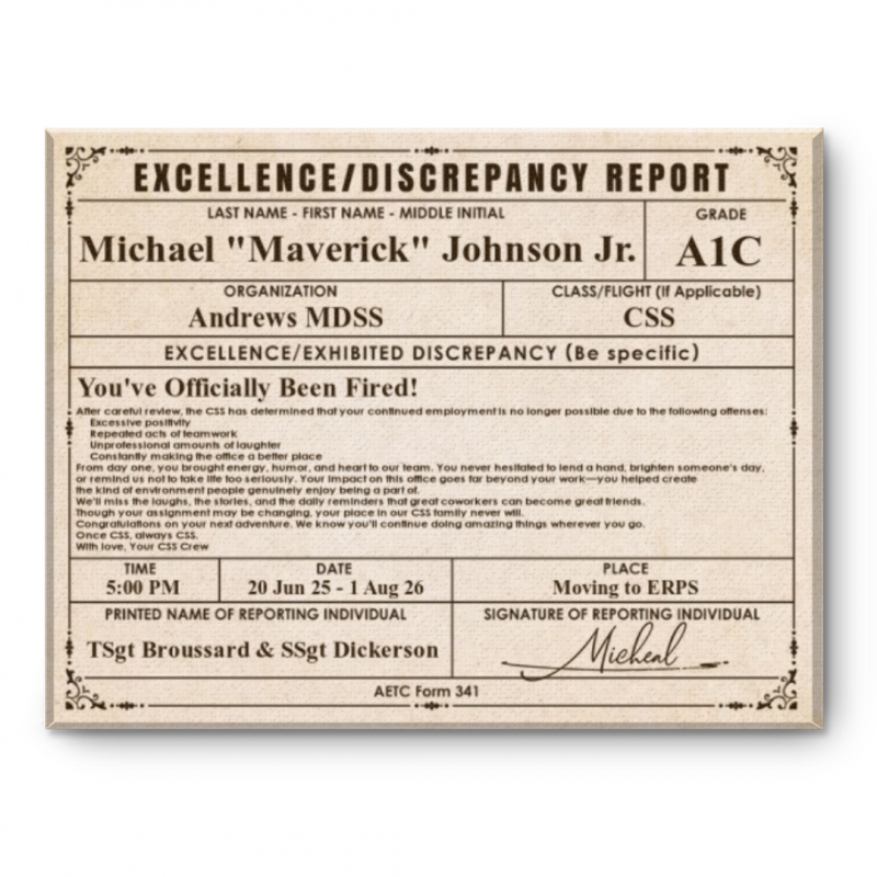 Air Force Farewell Certificate Canvas, Custom AF Form 341 Plaque, Military Going Away Gift, PCS Gift For Airman, Squadron Retirement Keepsake, Funny Farewell Gift