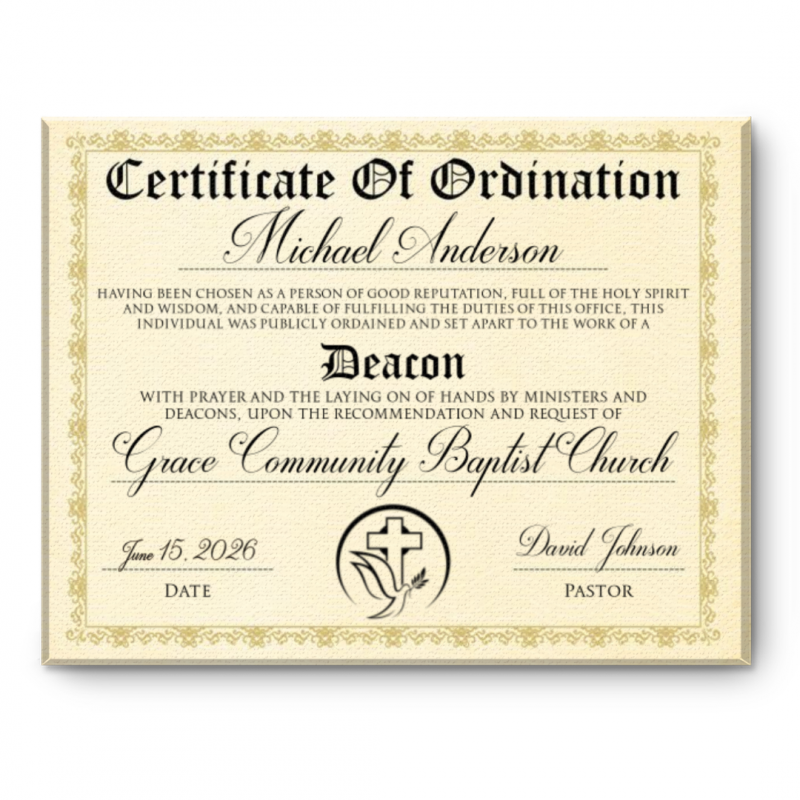 Personalized Certificate Of Ordination Canvas, Church Recognition Plaque, Christian Leadership Gift, Religious Keepsake, Ordination Wall Decor