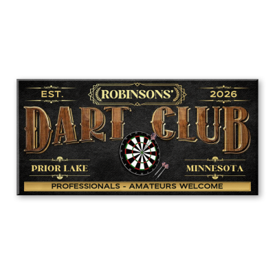 Dart Club Sign, Custom Family Name Dartboard Canvas, Vintage Game Room Wall Art, Man Cave Decor, Gift For Dart Players, Dartboard Sign