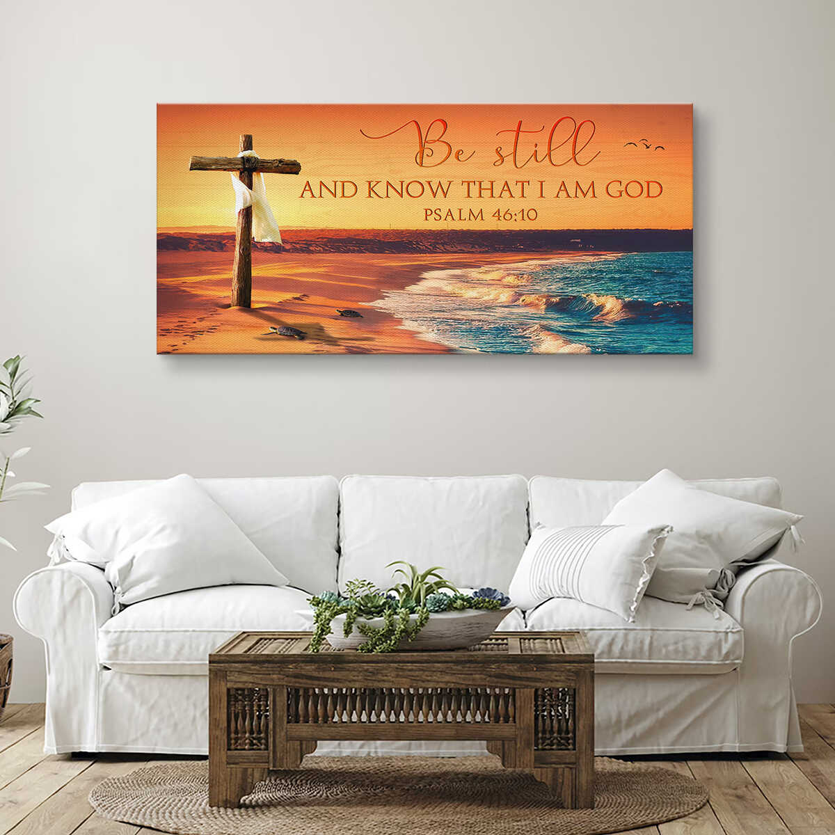 Be Still and Know That I Am God Canvas, Psalm 46:10 Wall Art, Christian Beach Decor, Religious Gift, Faith Cross Art, Bible Verse Gift for Her