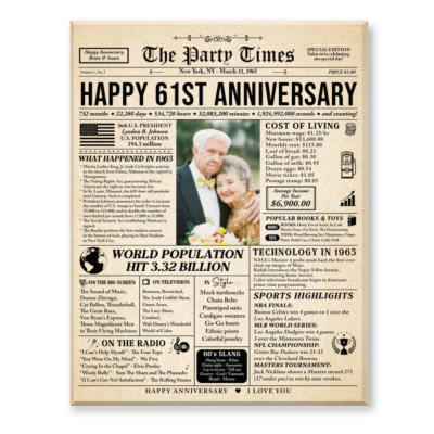 Personalized 61st Anniversary Gift, Custom Newspaper Canvas, Back In 1965 Anniversary Decoration, 61 Years Married, Anniversary Gift for Parents