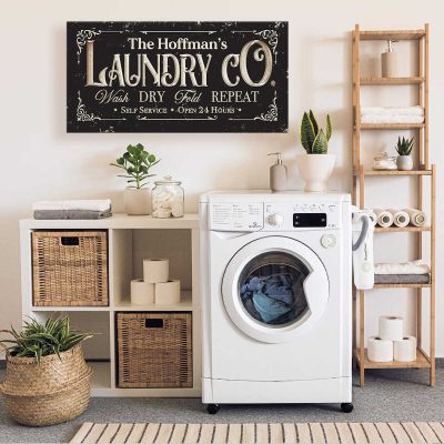 Personalized Laundry Company Sign, Custom Family Name Laundry Canvas, Farmhouse Laundry Room Wall Decor, Wash Dry Fold Repeat Sign, Housewarming Gift for New Home