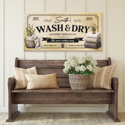 Personalized Laundry Room Canvas Sign, Custom Family Name Wall Art, Wash And Dry Sign, Rustic Farmhouse Laundry Decor, Housewarming Gift, Vintage Laundry Room
