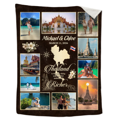 Personalized Thailand Travel Photo Blanket, Custom Vacation Memory Blanket, Couple Photo Gift, Honeymoon Keepsake, Anniversary Gift