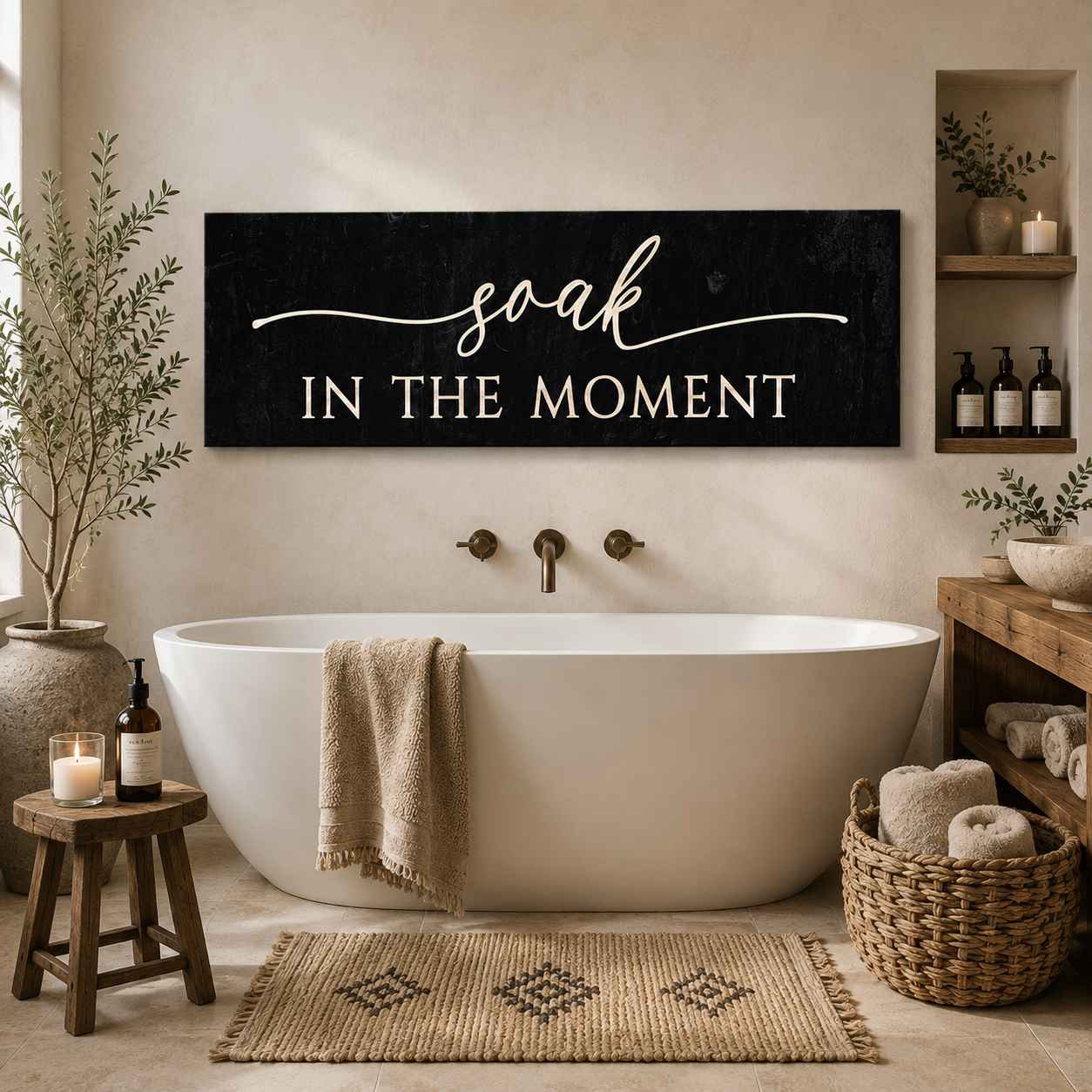 Soak in the Moment Bathroom Sign, Farmhouse Bathroom Wall Decor, Rustic Bath Wall Art, Bathtub Sign, Relaxing Bathroom Decor