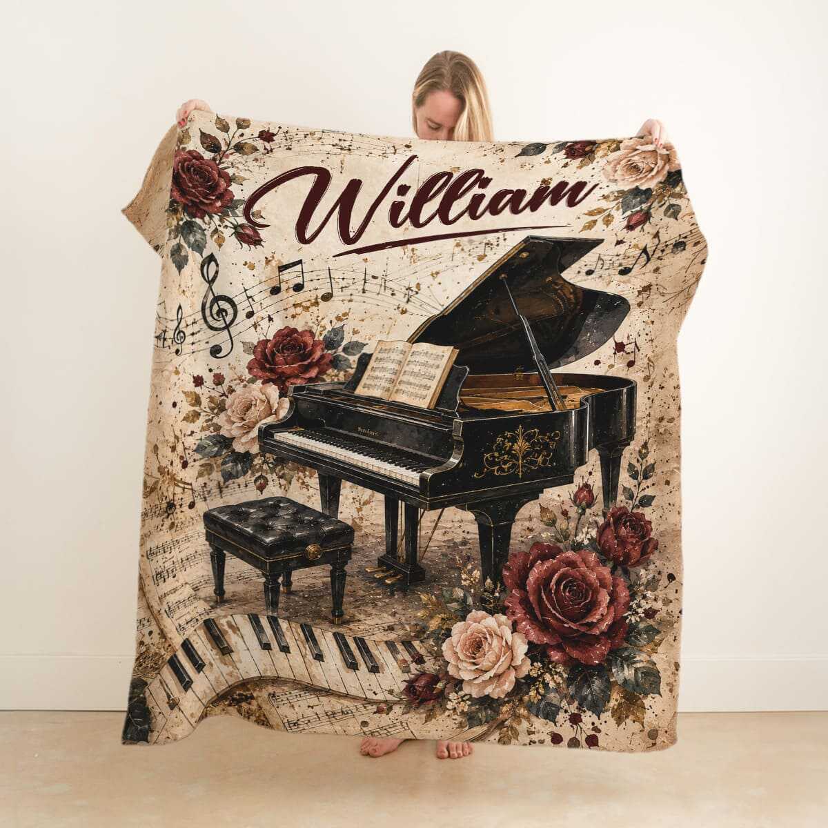 Personalized Piano Blanket, Custom Name Grand Piano Fleece Throw, Vintage Floral Sheet Music Blanket, Pianist Gift, Music Teacher Gift 1 Personalized Piano Blanket, Custom Name Grand Piano Fleece Throw, Vintage Floral Sheet Music Blanket, Pianist Gift, Music Teacher Gift