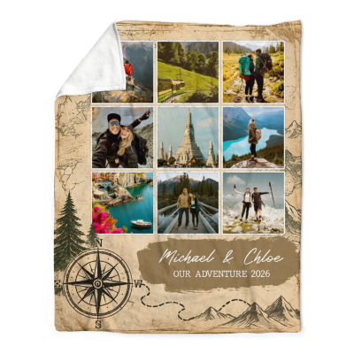 Personalized Couple Adventure Blanket, Custom Travel Memories Collage Blanket, Our Adventure Together, Anniversary Gift, Travel Lover Gift, Travel Couple Blanket