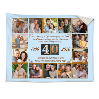 Personalized 40th Anniversary Blanket, 40 Years Together Photo Collage for Parents, Ruby Wedding Anniversary Gift for Parents, Custom Family Keepsake, Blanket for Wife