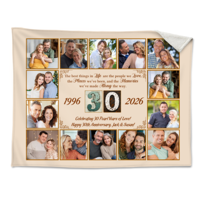 30th Wedding Anniversary Gift Blanket, Personalized 30 Years of Love Blanket, Pearl Anniversary Photo Collage Gift for Husband Wife, Custom Couple Gift