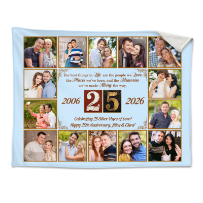 25th Wedding Anniversary Gift Blanket, Personalized 25 Years of Love Blanket, Silver Anniversary Photo Collage Gift for Husband Wife, Custom Couple Gift