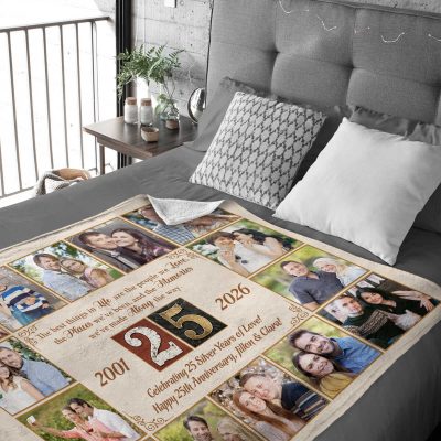 25th Wedding Anniversary Gift Blanket, Personalized 25 Years of Love Blanket, Silver Anniversary Photo Collage Gift for Husband Wife, Custom Couple Gift