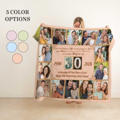 30th Wedding Anniversary Gift Blanket, Personalized 30 Years of Love Blanket, Pearl Anniversary Photo Collage Gift for Husband Wife, Custom Couple Gift