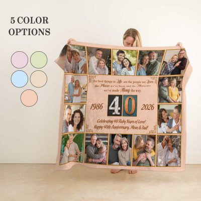 Personalized 40th Anniversary Blanket, 40 Years Together Photo Collage for Parents, Ruby Wedding Anniversary Gift for Parents, Custom Family Keepsake, Blanket for Wife