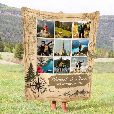 Personalized Couple Adventure Blanket, Custom Travel Memories Collage Blanket, Our Adventure Together, Anniversary Gift, Travel Lover Gift, Travel Couple Blanket