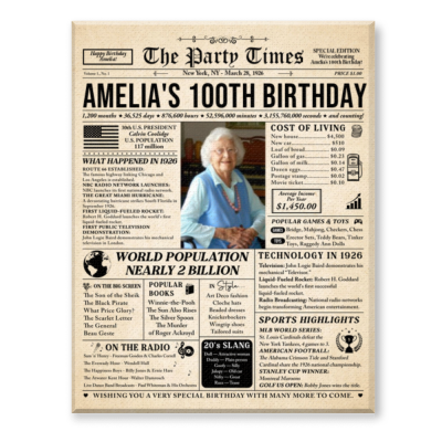 100th Birthday Newspaper CANVAS, 100 Year Old Gift for Grandma, Born In 1926, Personalized 100th Birthday Gift, 1926 Highlights and News Canvas